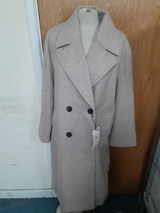 ZARA LONG DOUBLE BREASTED FAUX WOOL COAT IN GREY/BEIGE SIZE M