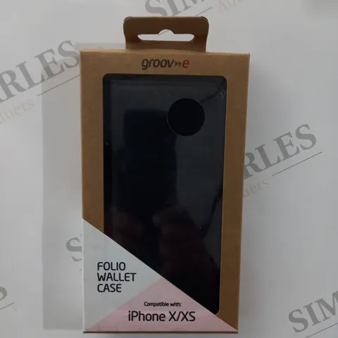 APPROXIMATELY 100 BRAND NEW BOXED AND SEALED GROOV-E BLACK FOLIO WALLET CASE GV-MP049 COMPATIBLE WITH IPHONE X/XS INCLUDES INTERNAL POCKETS, MAGNETIC CLOSURES, WIRELESS CHARGING SUPPORT ETC.