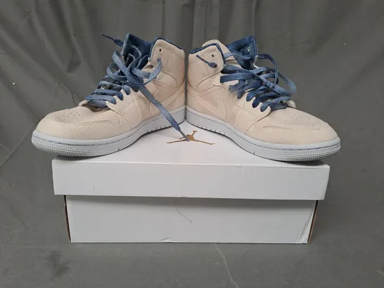 BOXED PAIR OF NIKE AIR JORDAN 1 MID SHOES IN CREAM/NAVY UK SIZE 6.5