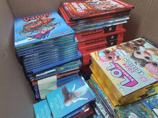 LARGE QUANTITY OF ASSORTED BOOKS AND 2024 ANNUALS TO INCLUDE GUINESS RECORDS 2024,  MINECRAFT, DANDY AND STRANGER THINGS