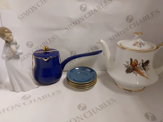 BOX OF APPROX 10 ITEMS TO INCLUDE CHINA COFFEE POT, TURKISH TEAPOT, ANGEL DECORATION