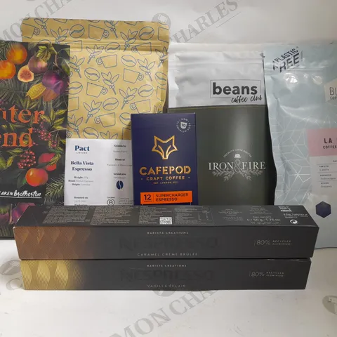 BOX OF APPROX 15 ITEMS TO INCLUDE NESPRESSO CARAMEL CREME BRULEE PODS, PERKY BLENDERS WINTER BLEND COFFEE, CAFEPOD COFFEE PODS