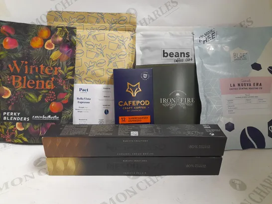 BOX OF APPROX 15 ITEMS TO INCLUDE NESPRESSO CARAMEL CREME BRULEE PODS, PERKY BLENDERS WINTER BLEND COFFEE, CAFEPOD COFFEE PODS