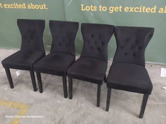 SET OF FOUR UPHOLSTERED BUTTONED RING BACK DINING CHAIRS BLACK PLUSH FABRIC ON BLACK PAINTED LEGS 