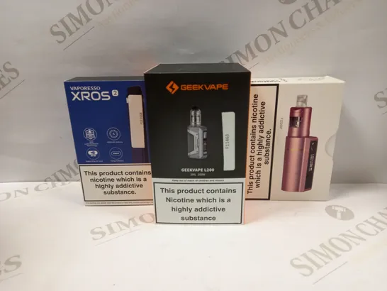 BOX OF APPROXMATELY 25 E-CIGARETTES AND LIQUIDS TO INCLUDE COOLFIRE Z50 MOD, GEEKVAPE L200 200W, VAPORE3SSO XROS2, ETC