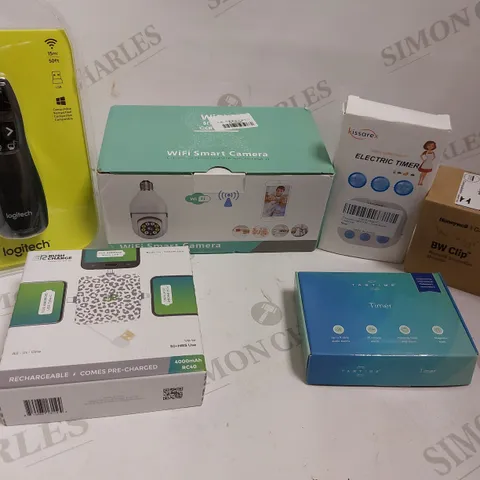 BOX OF APPROX 15 ITEMS TO INCLUDE LOGITECH LASER PRESENTATION REMOTE, TABTIME TIMER, RUSHCHARGE MULTI CHARGER