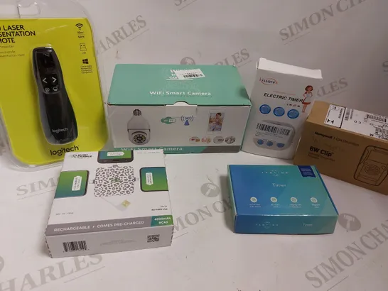 BOX OF APPROX 15 ITEMS TO INCLUDE LOGITECH LASER PRESENTATION REMOTE, TABTIME TIMER, RUSHCHARGE MULTI CHARGER