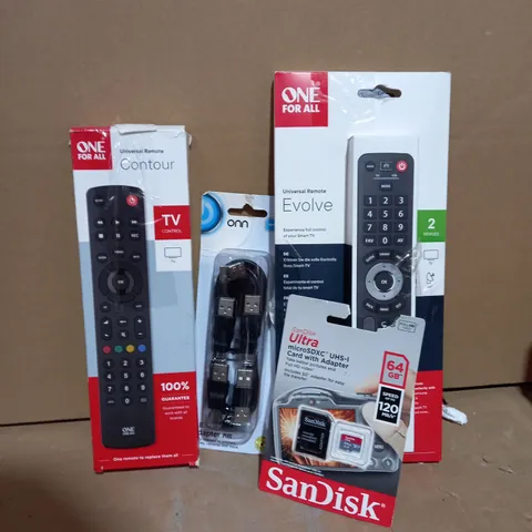 LOT OF APPROX 10 ASSORTED ELECTRICAL ITEMS TO INCLUDE TV REMOTE, SDXC CARD, MICRO USB ETC