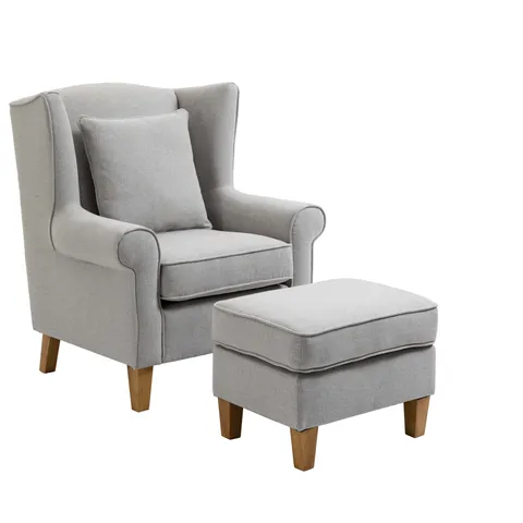 BRAND NEW BOXED ALISON AT HOME MOTCOMB WINGBACK ARMCHAIR WITH STOOL & SCATTER CUSHION - GREY (1 BOX)