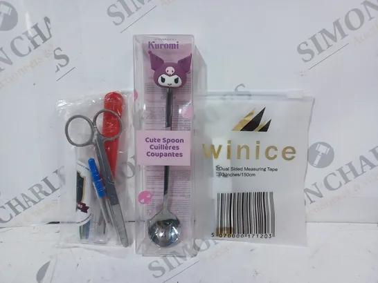 APPROXIMATELY 10 ASSORTED HOUSEHOLD ITEMS TO INCLUDE WINICE DUAL SIDED MEASURING TAPE, KUROMI CUTE SPOON, ETC