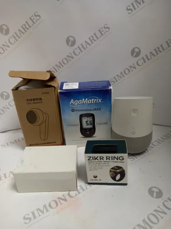 BOX TO CONTAIN APPROX. 5  X ASSORTED TECH PRODUCTS. INCLUDES GOOGLE HOME SPEAKER, AGAMATRIX, ZIKR RING ETC 