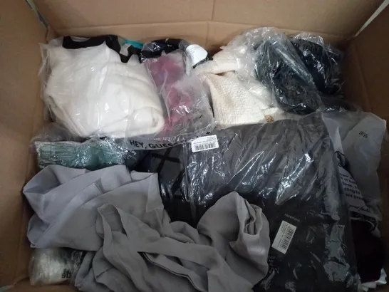 BOX OF ASSORTED CLOTHING ITEMS TOO INCLUDE JUMPERS, SHIRTS AND TROUSERS IN VARIOUS SIZES AND COLOURS   