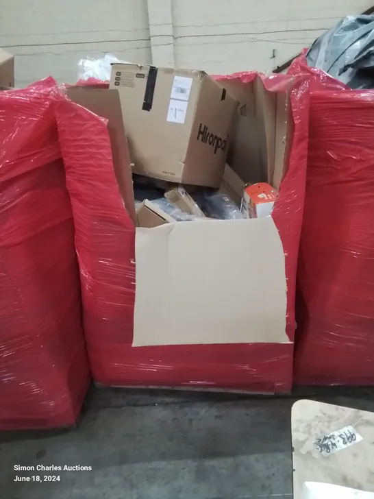 PALLET OF HOUSEHOLD ITEMS AND CONSUMER GOODS TO INCLUDE: SPRAY KITCHEN PLAYHOUSE, DK SONIC ULTRASONIC CLEANER, UMBRELLA STAND, A BRASS TOWEL RAIL, ETC.