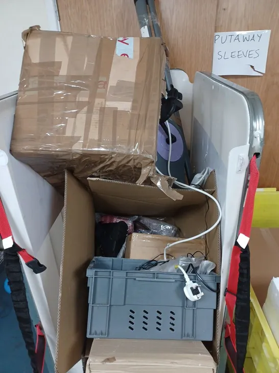 CAGE OF ASSORTED ITEMS TO INCLUDE EXERCISE BIKE(PARTS MISSING), SHOES AND DECORATIVE ORNEMENTS - COLLECTION ONLY 