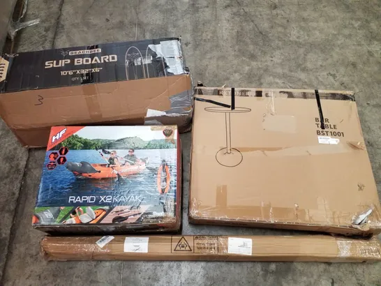 PALLET OF ASSORTED PRODUCTS INCLUDING BAR TABLE, CLOTH HANGING SHELVES, INFLATABLE KAYAK, INFLATABLE SUP BOARD