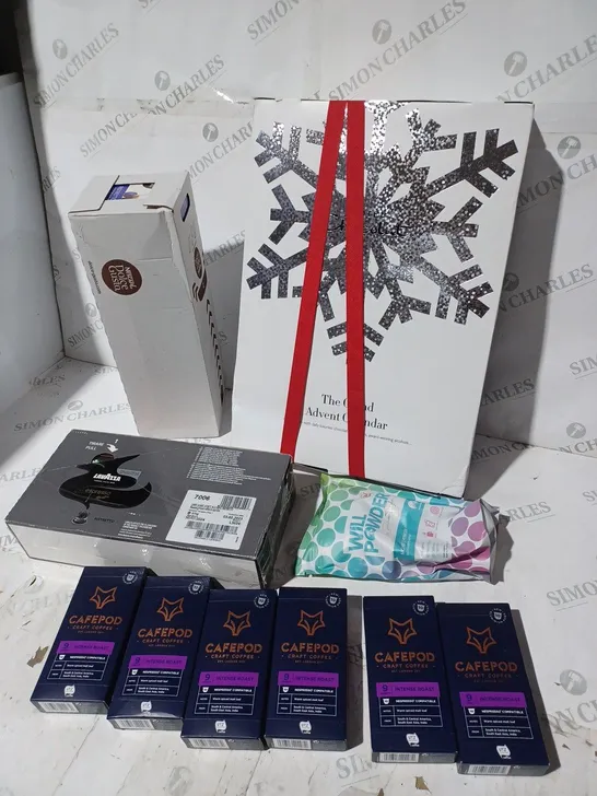 10 ASSORTED ITEMS TO INCLUDE: HOTEL CHOCOLAT ADVENT CALENDAR, CAFEPODS, WILL POWDER ETC 