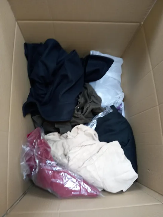 BOX OF APPROXIMATELY 20 CLOTHING ITEMS TO INCLUDE PINK KNITTED JUMPER, PICKLE HAT, JEANS ETC