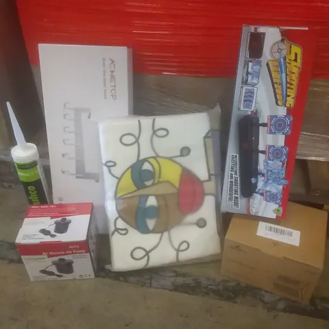 PALLET OF ASSORTED ITEMS INCLUDING AC ELECTRIC AIR PUMP, OVER THE DOOR HOOK, SILICO, SHOOTING GAMEZONE