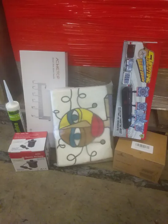 PALLET OF ASSORTED ITEMS INCLUDING AC ELECTRIC AIR PUMP, OVER THE DOOR HOOK, SILICO, SHOOTING GAMEZONE