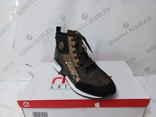 BOXED RIEKER BLACK SNAKE HIGH TOP TRAINERS, BLACK - SIZE 5