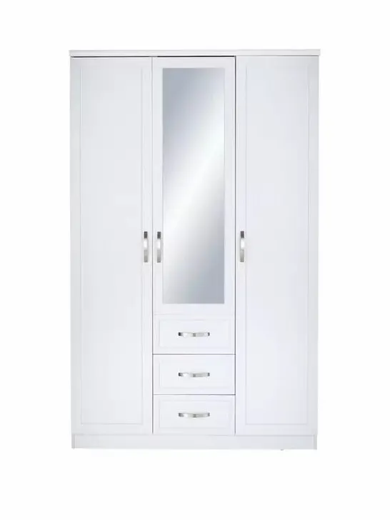 BOXED GRADE 1 CAMBERLEY WHITE 3-DOOR 3-DRAWER MIRRORED WARDROBE (2 OF 2 BOXES) RRP £399.99