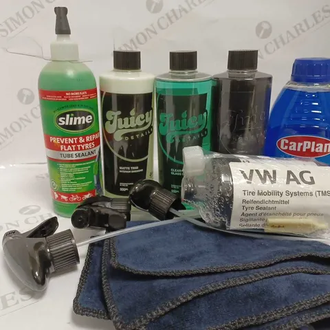 LOT OF 6 ASSORTED ITEMS TO INCLUDE JUICY DETAILS CAR CLEANING PRODUCTS 