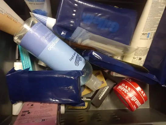 BOX OF ASSORTED COSMETIC ITEMS TOO INCLUDE WAX , SHAMPOO AND MAKEUP 