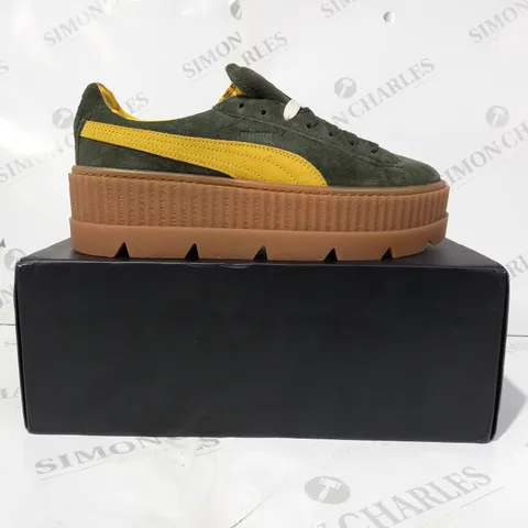 BOXED PAIR OF PUMA FENTY PLATFORM SUEDE SHOES IN GREEN/MUSTARD YELLOW UK SIZE 6