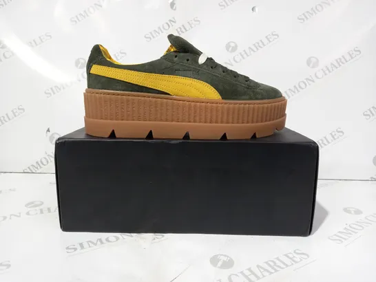 BOXED PAIR OF PUMA FENTY PLATFORM SUEDE SHOES IN GREEN/MUSTARD YELLOW UK SIZE 6