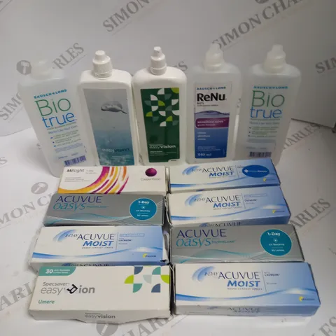 BOXED LOT TO CONTAIN APPROX. 30 X ASSORTED VISION CARE PRODUCTS. INCLUDES PACKS OF CONTACT LENSES & CONTACT LENSE CLEANING SOLUTION. BRANDS VARY