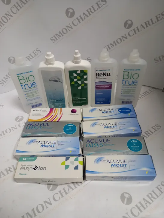 BOXED LOT TO CONTAIN APPROX. 30 X ASSORTED VISION CARE PRODUCTS. INCLUDES PACKS OF CONTACT LENSES & CONTACT LENSE CLEANING SOLUTION. BRANDS VARY