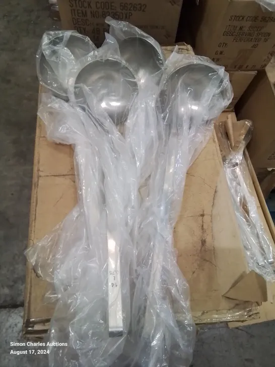 PALLET CONTAINING VARIOUS COOKING UTENSILS TO INCLUDE,APPROXIMATELY 80 16OZ LADLES, 160 SLOTTED SERVING SPOONS, 40 FISH SLICES, 96 METAL WHISKS AND 160 21OZ LADELS