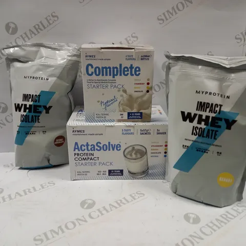 LOT OF 4 ITEMS TO INCLUDE 2 MY PROTEIN IMPACT WHEY ISOLATE POWDERS, AYMES COMPLETE STARTER PACK, AYMES ACTASOLVE PROREIN COMPACT