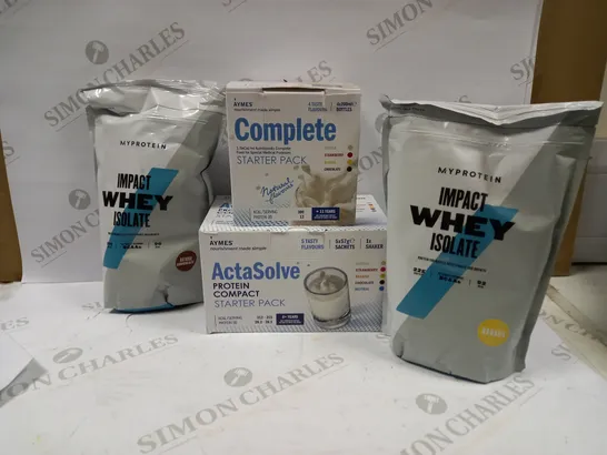 LOT OF 4 ITEMS TO INCLUDE 2 MY PROTEIN IMPACT WHEY ISOLATE POWDERS, AYMES COMPLETE STARTER PACK, AYMES ACTASOLVE PROREIN COMPACT