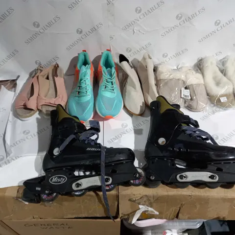 APPROXIMATELY 15 PAIRS OF UNBOXED SHOE TO INCLUDE MISTY BAUER ROLLER BLADES, SIZE 6 SLIPPERS, AND ROSE PINK SANDALS ETC.