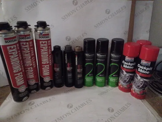 BOX OF HOUSEHOLD ITEMS TO INCLUDE SOUDAL B2 FIRE GLASS EXPANDING FOAM , TRESEMME HAIRSPRAY , ETC