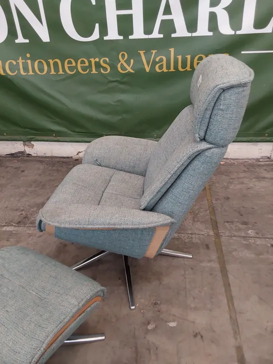 QUALITY BRITISH DESIGNER G PLAN LUND MANUAL RECLINING SWIVEL CHAIR & FOOTSTOOL DAPPLE OCEAN FABRIC 