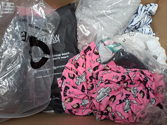 BOX OF APPROXIMATELY 25 ASSORTED CLOTHING ITEMS TO INCLUDE -  SHORTS , SHIRT , DRESS ETC