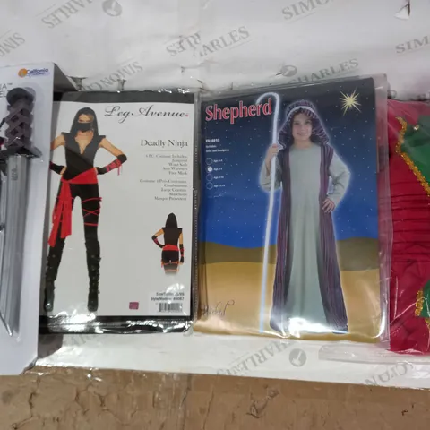 BOX OF 4 ASSORTED COSTUMES/FANCY DRESS ITEMS TO INCLUDE LEG AVENUE DEADLY NINJA, WICKED COSTUMES SHEPHERD, ETC