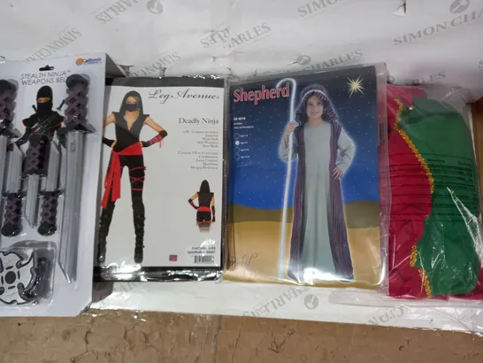 BOX OF 4 ASSORTED COSTUMES/FANCY DRESS ITEMS TO INCLUDE LEG AVENUE DEADLY NINJA, WICKED COSTUMES SHEPHERD, ETC