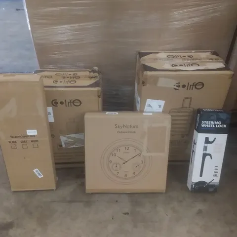 PALLET OF ASSORTED ITEMS INCLUDING OUTDOOR CLOCK, VACUUM CLEANER, SUITCASES, STEERING WHEEL LOCK