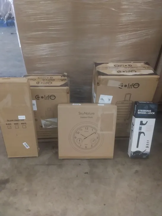 PALLET OF ASSORTED ITEMS INCLUDING OUTDOOR CLOCK, VACUUM CLEANER, SUITCASES, STEERING WHEEL LOCK