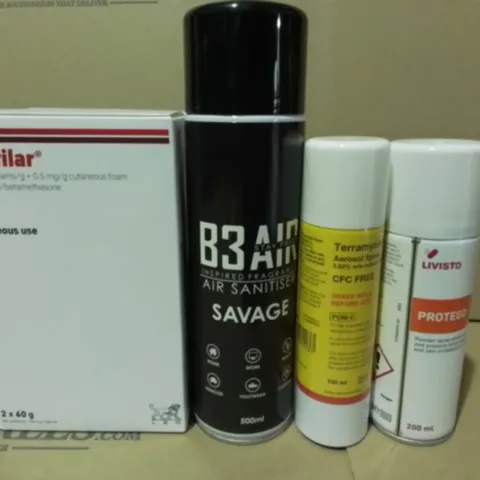 LOT OF 10 ASSORTED AEROSOLS TO INCLUDE ENSTILAR CUTANEOUS FOAM, AIR SANITISER AND LIVISTO PROTEGO / COLLECTION ONLY