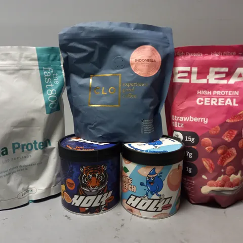 TOTE OF APPROX 8 ASSORTED FOOD ITEMS TO INCLUDE -  VINILLA PROTEIN , CLO COFFEE , ELEAT HIGH PROTEIN CEREAL ETC