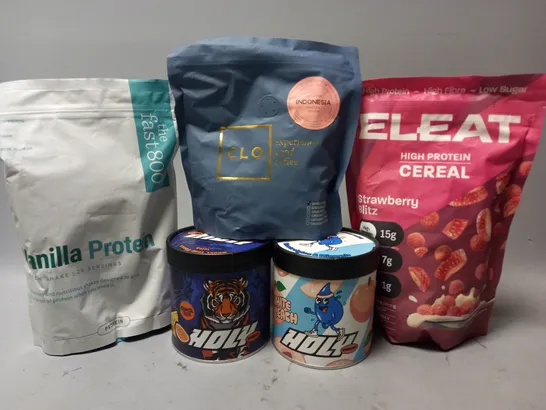 TOTE OF APPROX 8 ASSORTED FOOD ITEMS TO INCLUDE -  VINILLA PROTEIN , CLO COFFEE , ELEAT HIGH PROTEIN CEREAL ETC