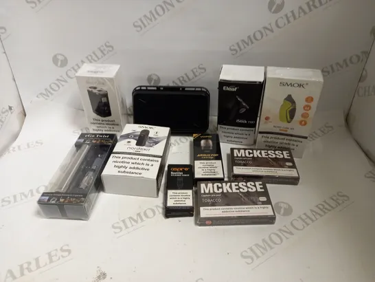 LOT TO CONTAIN APPROX. 40 ASSORTED E-CIGARETTE PRODUCTS, INCLUDES PIECES, SPARE PARTS AND COMPLETE SETS 