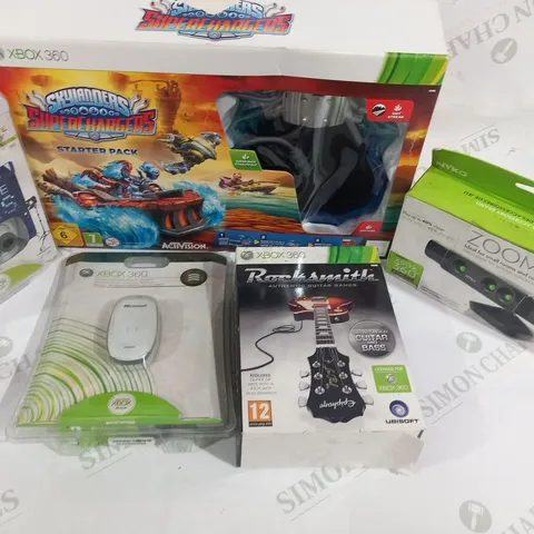 APPROXIMATELY 10 ASSORTED XBOX 360 GAMES AND ACCESSORIES TO INCLUDE; WIRELESS GAMING RECEIVER, SKYLANDERS SUPERCHARGERS STARTER PACK AND ZOOM