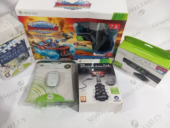 APPROXIMATELY 10 ASSORTED XBOX 360 GAMES AND ACCESSORIES TO INCLUDE; WIRELESS GAMING RECEIVER, SKYLANDERS SUPERCHARGERS STARTER PACK AND ZOOM