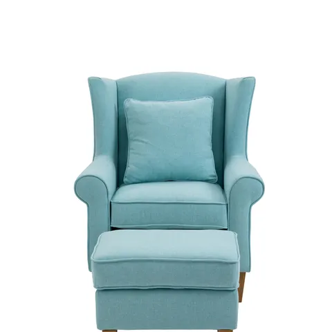 BRAND NEW BOXED ALISON AT HOME MOTCOMB WINGBACK ARMCHAIR WITH STOOL & SCATTER CUSHION - DUCK EGG (1 BOX)