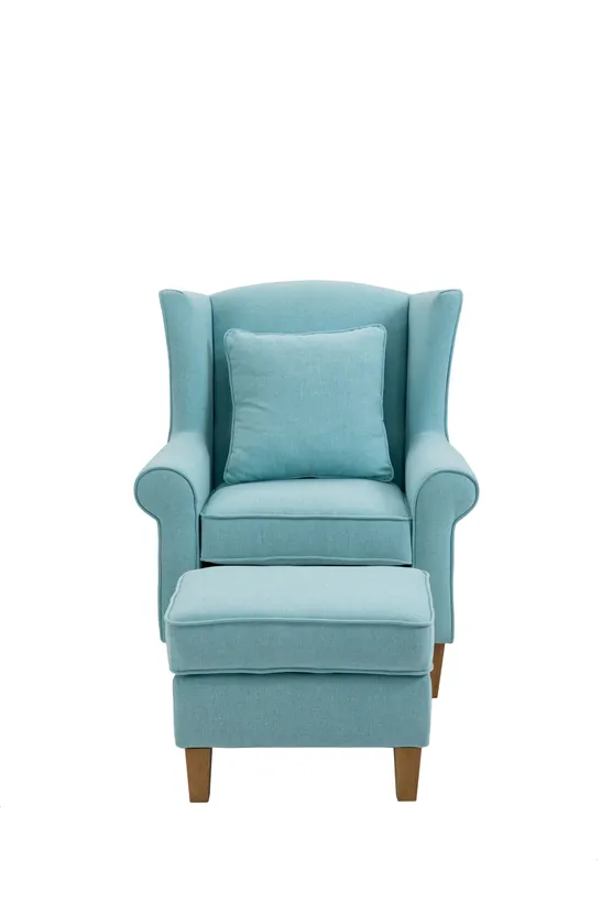 BRAND NEW BOXED ALISON AT HOME MOTCOMB WINGBACK ARMCHAIR WITH STOOL & SCATTER CUSHION - DUCK EGG (1 BOX)